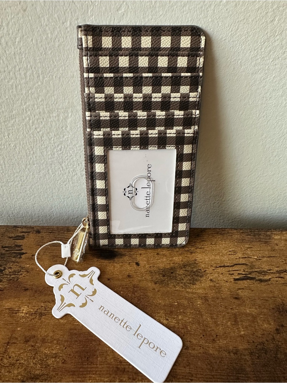 Nanette Lepore Brown Gingham Checkered Card Holder Wallet with Zip Pocket NWT